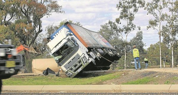 The truck which rolled over near Goondiwindi is righted.