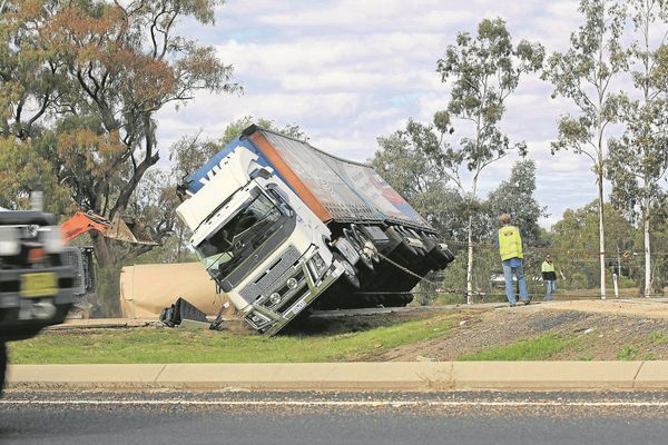 The truck which rolled over near Goondiwindi is righted.